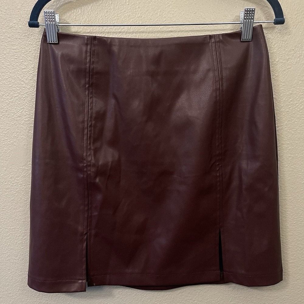 Mangopop Faux Leather Mini Skirt Ox Blood 2 Slits‎ Zipper Grunge Baddie Size M